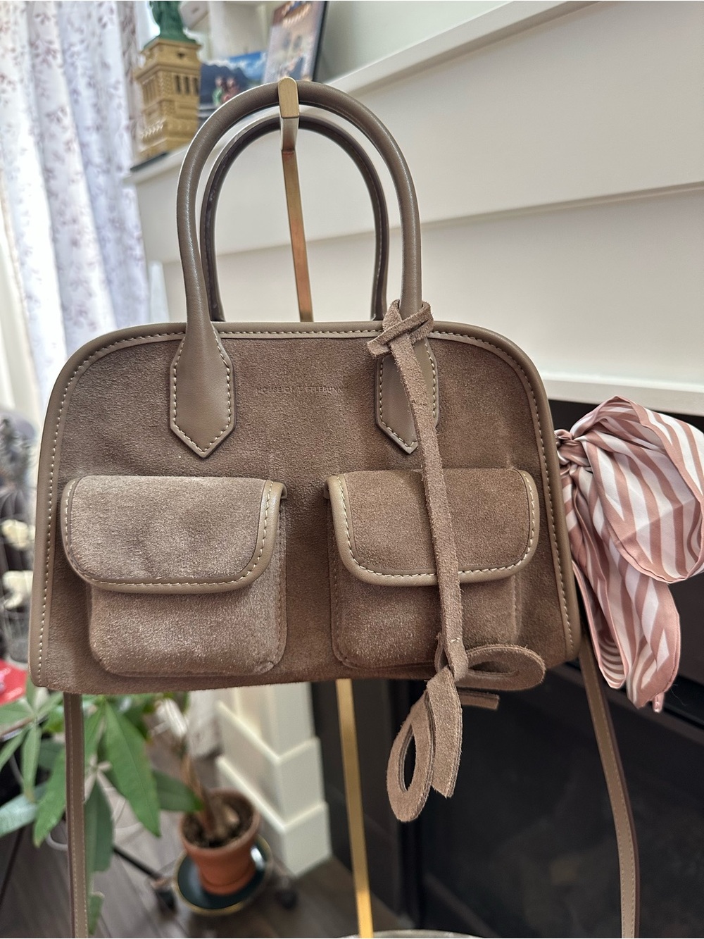 House of Little Bunny (HOLB) Suede Double-Pocket Satchel Bag in Taupe